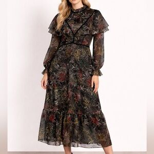 Gemma Albright Dark Floral Ruffle Dress Size XL